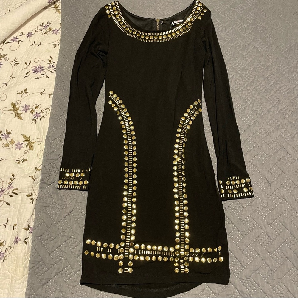 Fashion Nova Black and Gold Embellished Sheath Dress